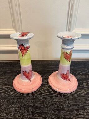 Set of 2 Amora CANDLE HOLDER 8 INCHES TALL HEART PINK GREEN LAVENDER ITALY